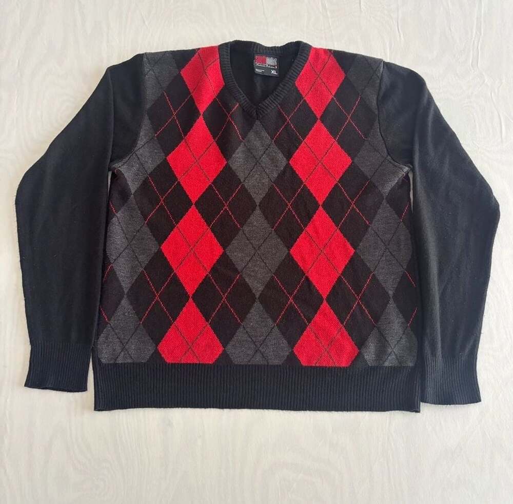 Southpole Men's Black Red Gray Argyle Crewneck Sweater XL